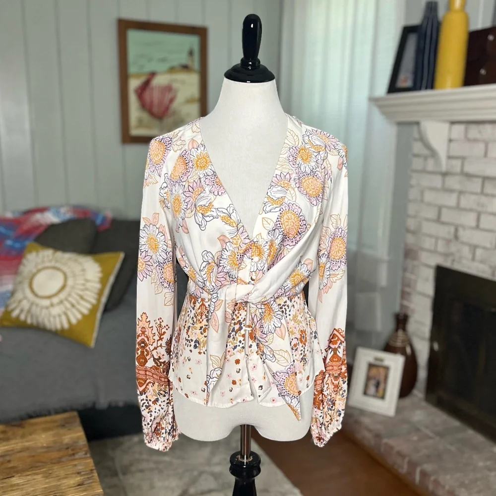 Free People run free balloon sleeve floral tie front button blouse